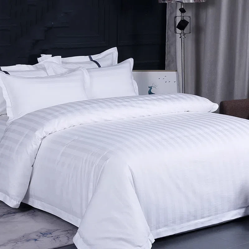 Wholesale OEKO-TEX Certificate Soft White Stripe 100 Cotton 4 Piece Hotel Linen Bedding Set