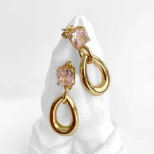 Luxury Elegant Pink 5A Zirconia CZ Pendant Earring Fine 925 Sterling Silver 18K Gold Plated Custom Jewelry for Women Ladies