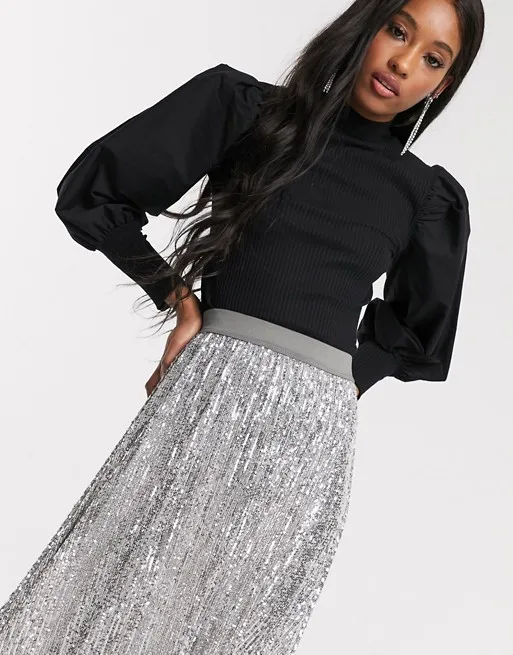 Custom Designed Grey Maxi Wrap Skirt No Shrink No Pilling Pleated Sequin Sustainable Knitted Fabric Natural Customer Label