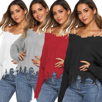 Factory Winter Solid Color V Neck Long Sleeve Women Distressed Sweater Pullover Oversize