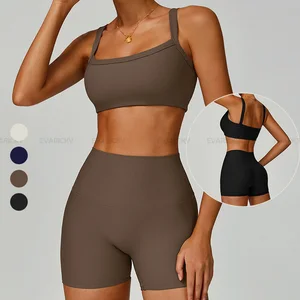 Custom High Quality Woman Ribbed Gym Yoga Sports Bra Workout Crop Top and Shorts Set New Yoga Sets Women Fitness