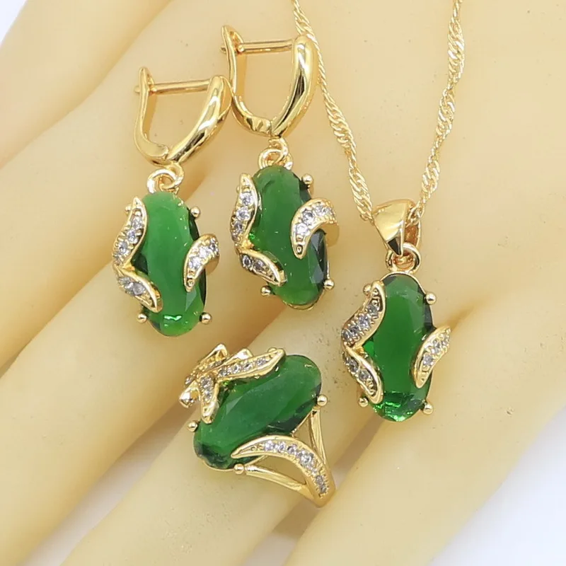 Classic Gold Color Jewelry Sets For Women Green Semi-precious Bracelet ...