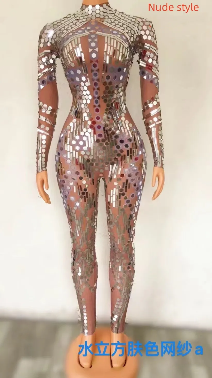 Sparkly Sequined Mesh Bodysuit Plus Size Dance Leotard Stage Performance Wear Women Sexy Club Party Bodycon One Piece Jumpsuit