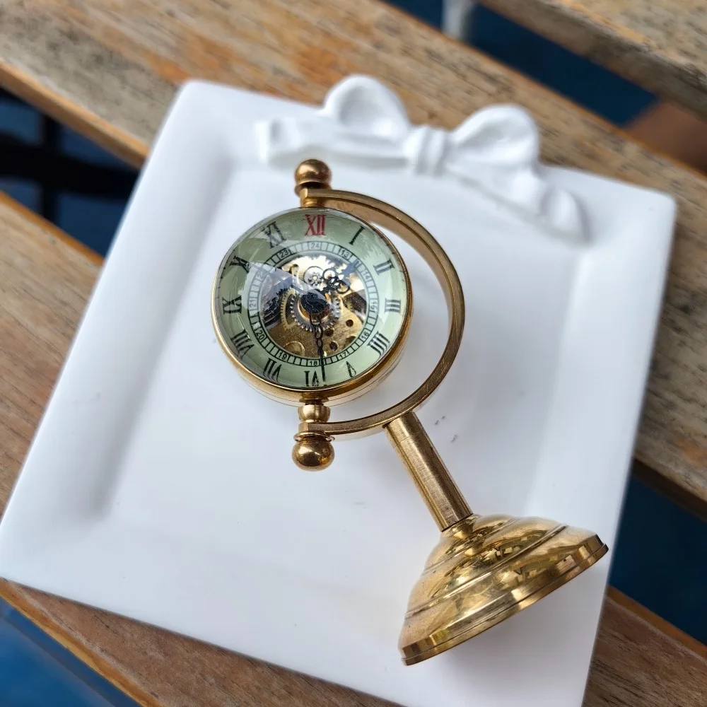 Antique Engraved Brass Globe Pocket Watch With Chain Vintage Gift