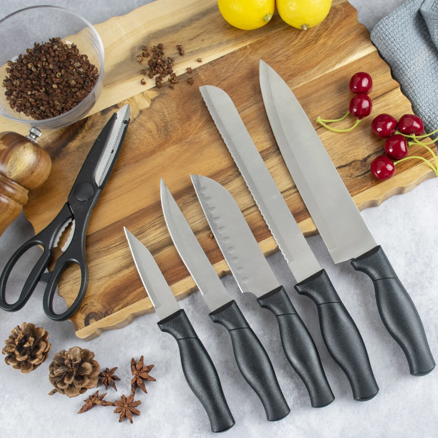 7PCS STAINLESS STEEL KITCHEN KNIFE WITH COLORED PAINTING HANDLE KITCHEN KNIFE SET WITH WOODEN BLOCK