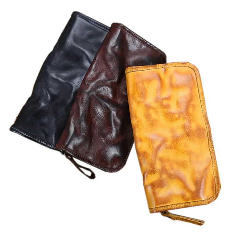 Vintage Fashion Genuine Leather Men's Wallet Plant Tanned Water Wash Business Casual Handmade Cowhide Long Handheld Bag