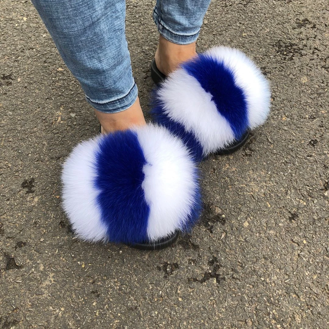 Groothandel 1 pair custom logo fluffy real fox raccoon fur slipper furry fur slides for women