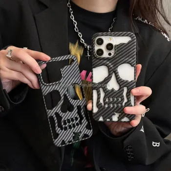 NEW Fashion Carbon Fiber Design Mobile Phone Case for iPhone 15 16 Pro Max Hollow Skull Phone Shell Case for iPhone 14 13 12 11