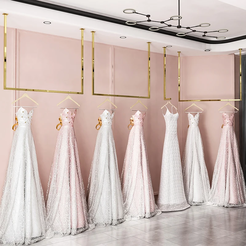 Boutique Bridal Store Stainless Steel Wedding Dress Rack Shop Decorations  Gold Ceiling Clothing Racks for Wedding Dresses