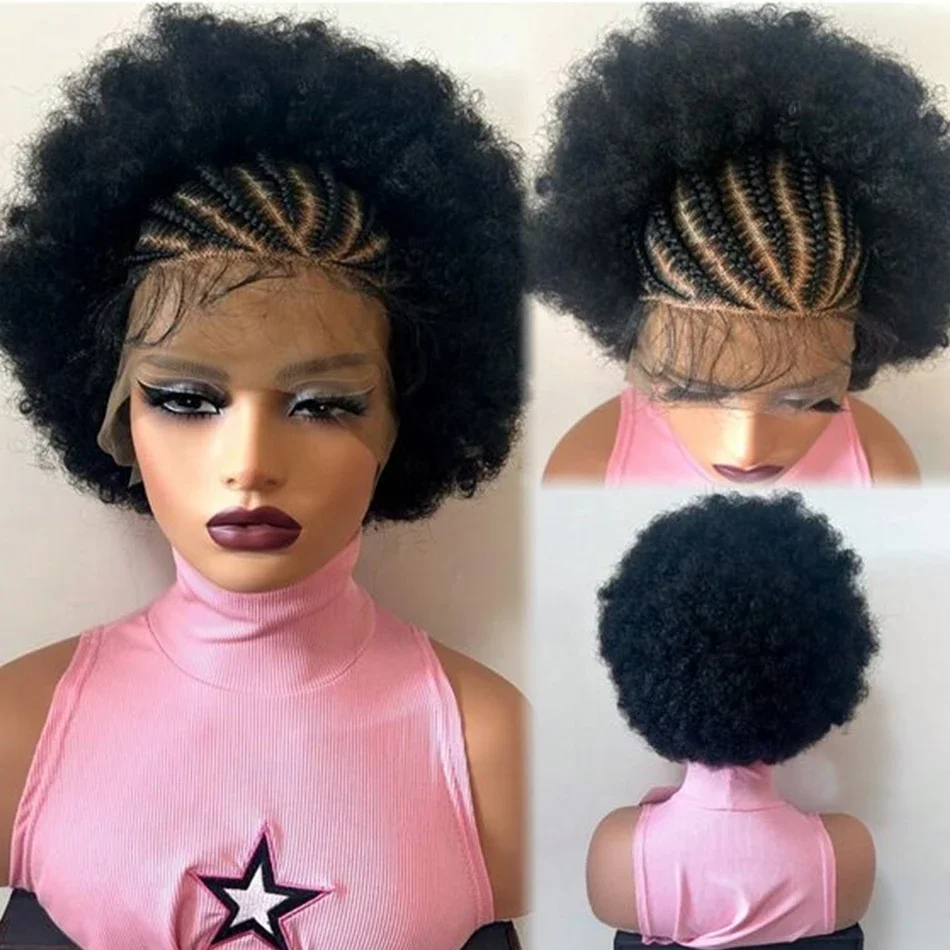 220 Density Afro Kinky Curly 13x4 Lace Front Braided Human Hair Wigs Short Curly Wig Women Explosive Head Baby Hair_voghion.com