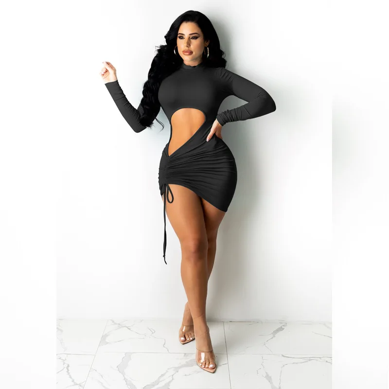 Autumn and Winter Clothes for Women High Neck Hollow Out Sexy Dress Long  Sleeve Drawstring Mini Party Dress