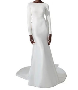 Elegant Clean Fit Flare Gown Long Sleeves Sabrina Neckline Wedding Gown for Bridal Simple Wedding Dresses
