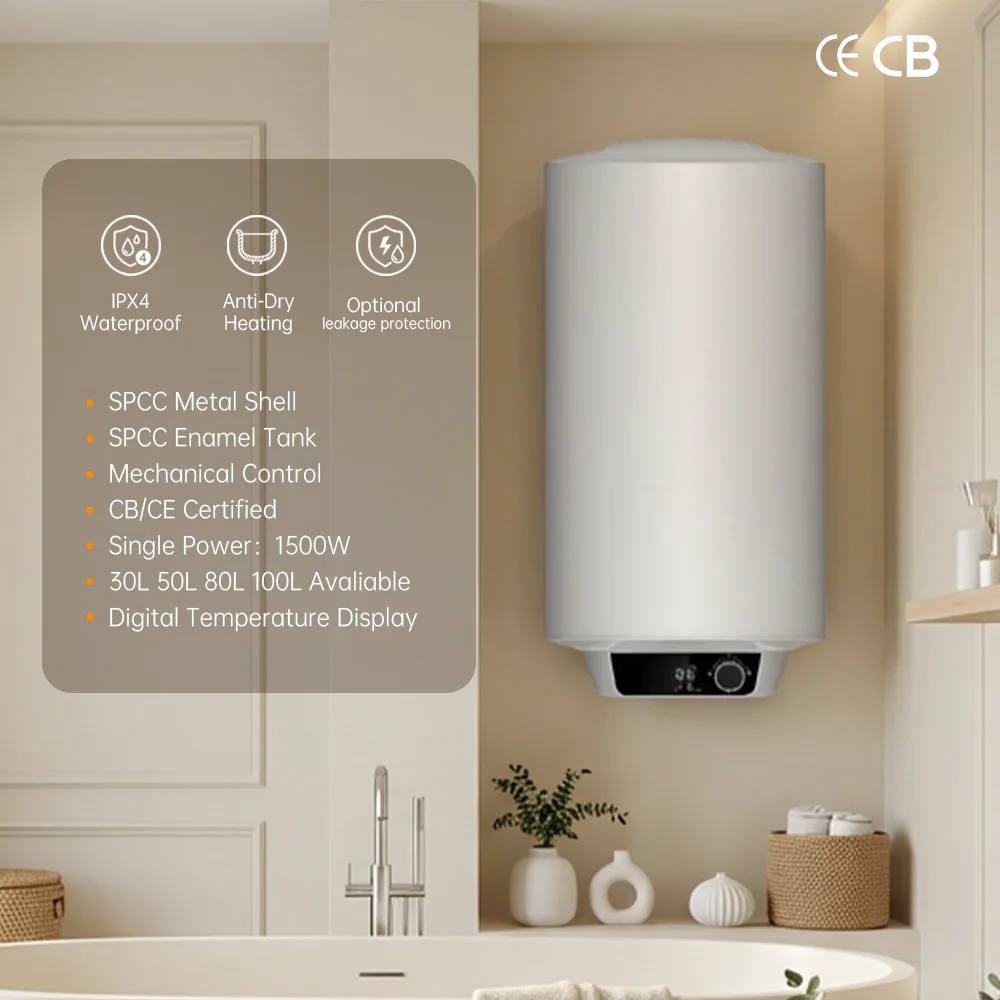 CE CB Certified 30L/50L/80L/100L Enamel Liner Electric Water Heater for Household Commercial & Hotel Use