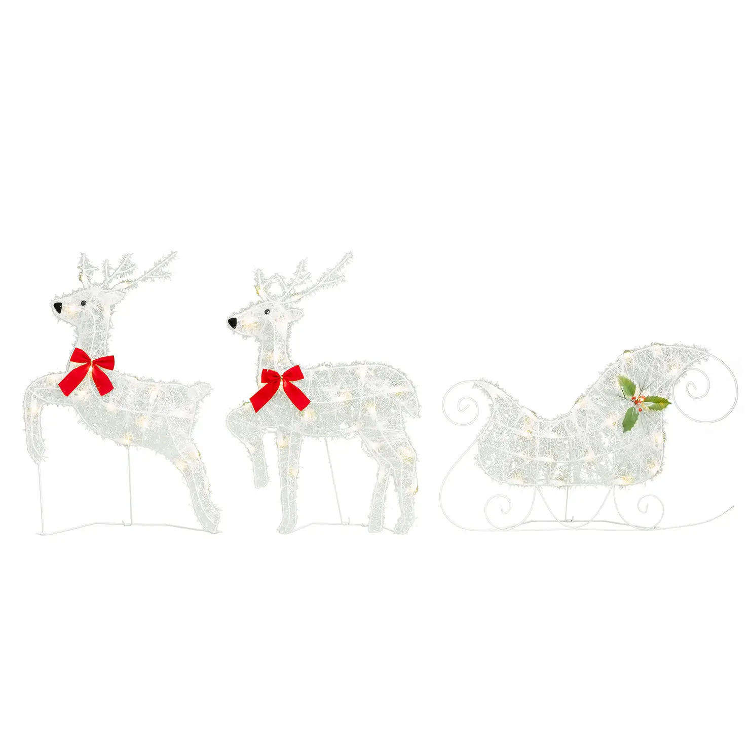 Yüksek Kaliteli 60L Metal Geyik & Kızak Işıklı Heykel Özel 26 inç 3'lü Set Dış Mekân Noël Dekoru Döküm Tekniği