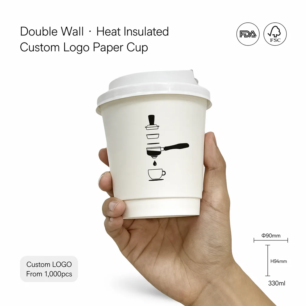 Offset Printed Double Wall Hot Beverage Cup 330ml Disposable Eco Friendly Coffee Shop Catering Leak 