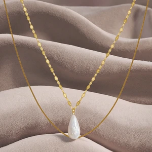 For GPN15 Double Layer Necklace 925 Sterling Silver Box Chain Baroque Shape AAAA Grade White Mabe Pearl Pendants Gold Plated