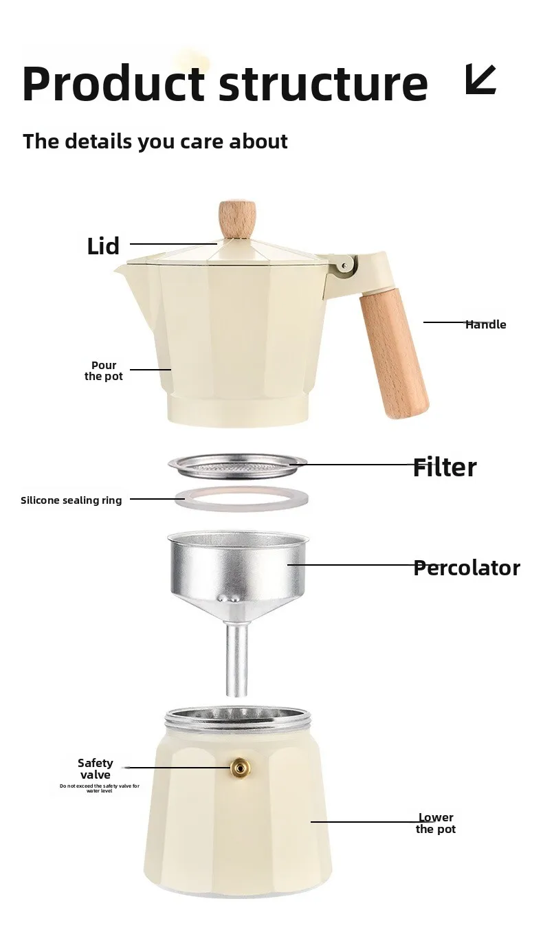 Portable Grey Aluminum Moka Pot Coffee Maker with Lid Large Capacity 300ml Bohemian Design