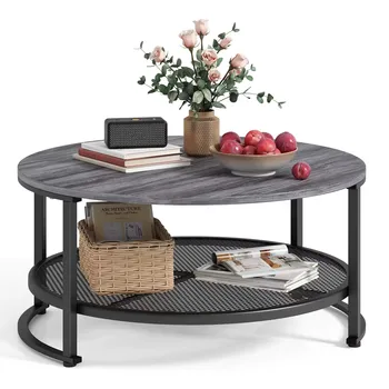 Wood Surface Top And Sturdy Metal Legs Coffee Table for Modern Design Home Grey Round Coffee Table With Open Storage