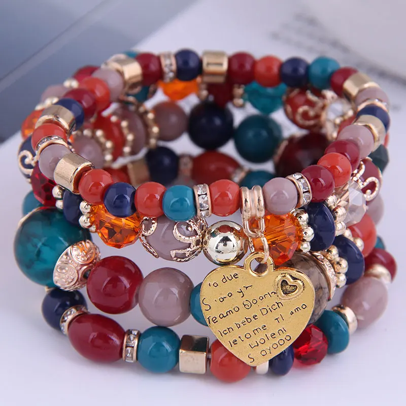 Hot sale Elastic Bohemian beads bracelets Fashion heart pendant charm bracelet set wholesale W140312148