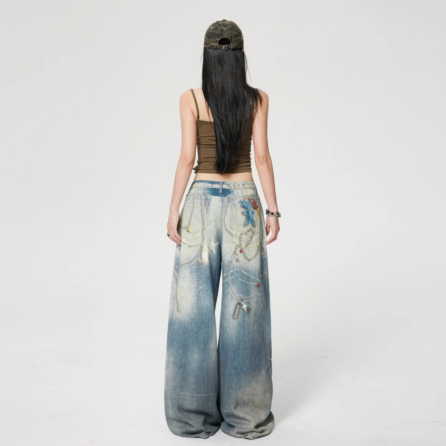 Vintage High-Waisted Distressed Chain Print Denim Wide-Leg Jeans Women Spring Autumn Loose Slimming Floor-Length Quick Dry
