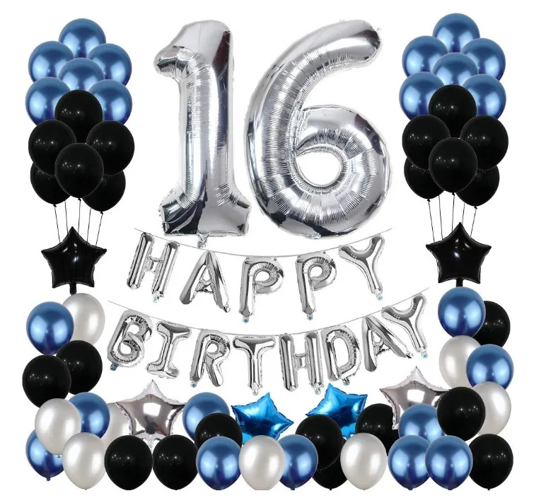 Sliver HAPPY BIRTHDAY Balloons Number 16 Balloon Gifts Kit Blue 16th Birthday Decorations for Girls Boys