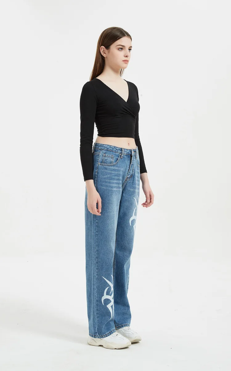Custom Denim Straight Leg Pants Printed Fabric Denim Jeans Femmes Women's Pants Women Jeans