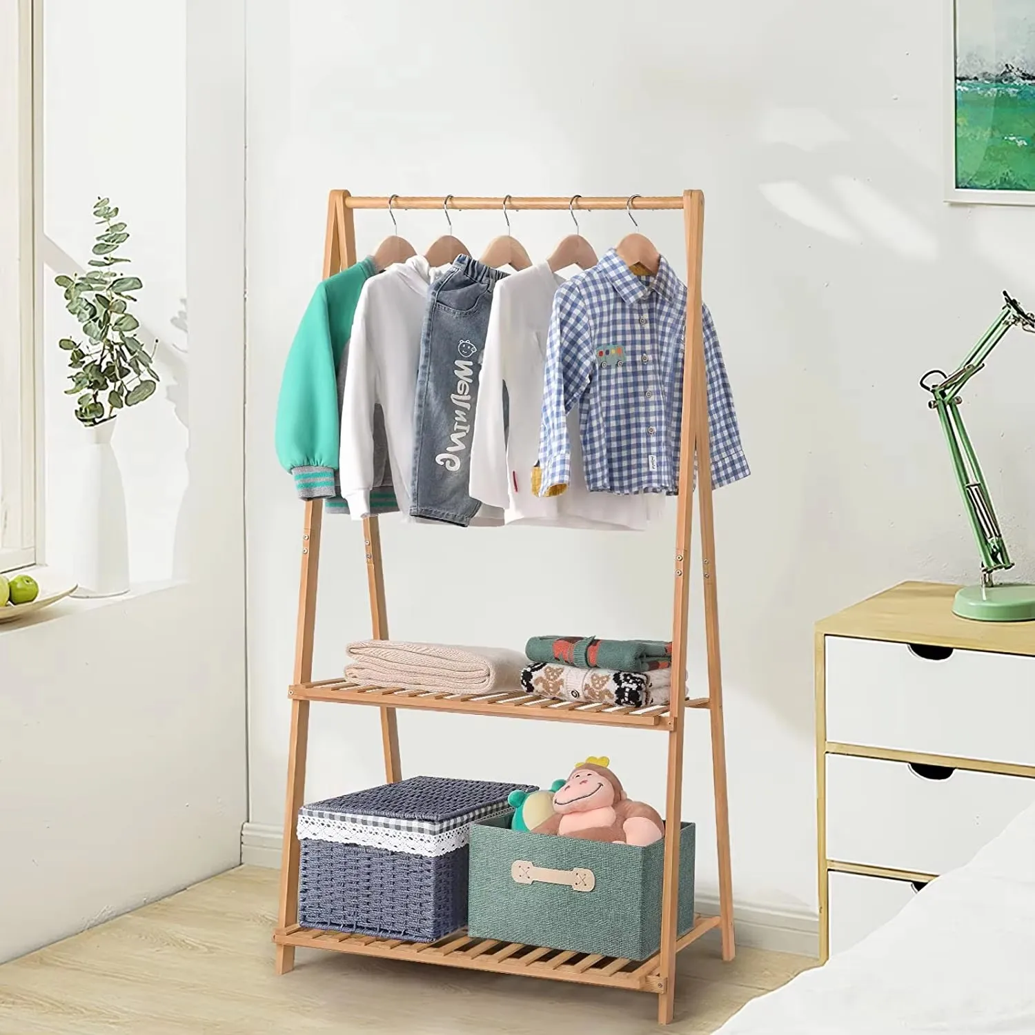 product bamboo kids clothing rack childrens garment rack with shelves kids clothes organizer clothing rack clothes hanging rack-3