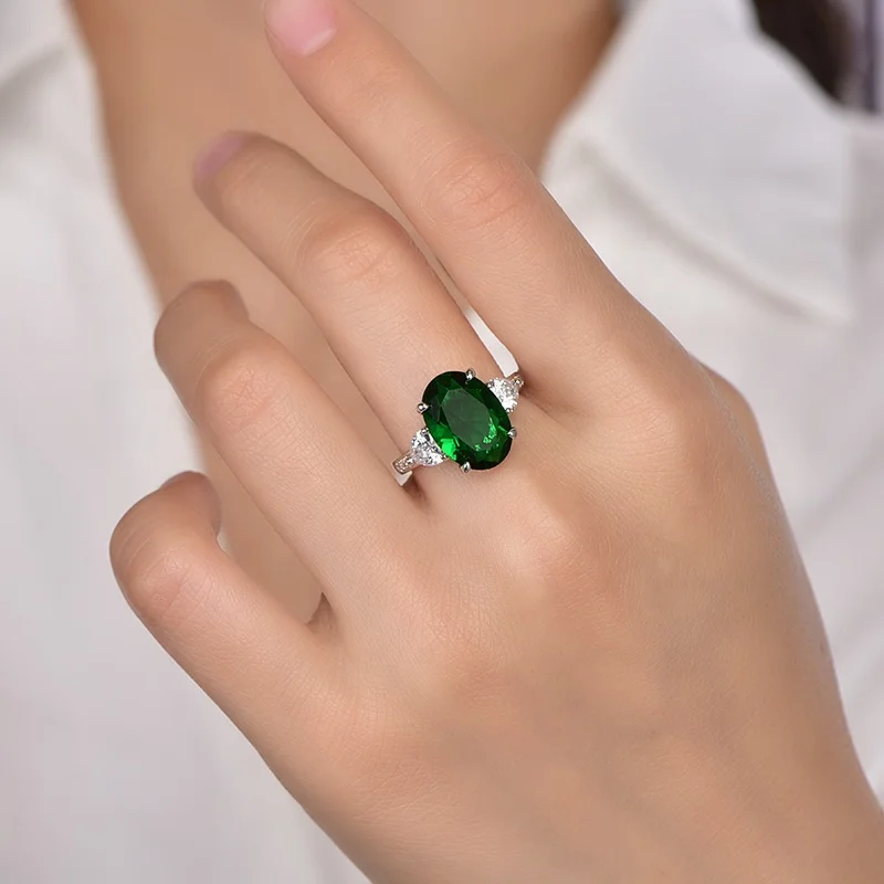 micro prong 925 sterling silver ring jewelry cz oval gemstone white gold ring Women's gift emerald rings