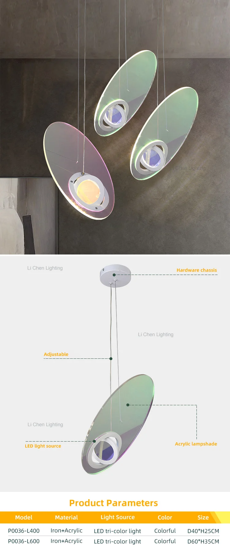 p0036 new product indoor decoration dining room bedroom living room iron acrylic colorful led pendant light -0