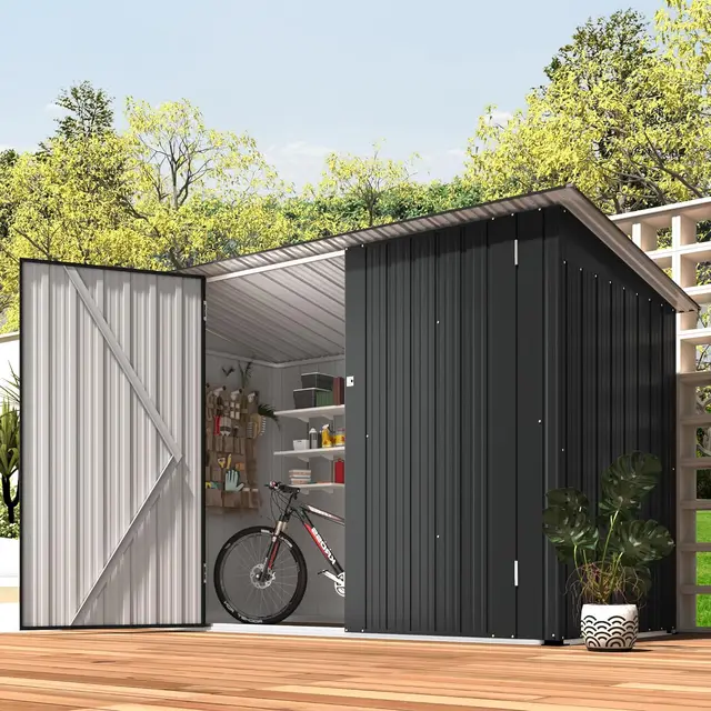 Lean to Outdoor Storage Metal Sheds &Small Metal Outdoor Storage Cabinet Shed for Multiple Bikes in Pool and Garden