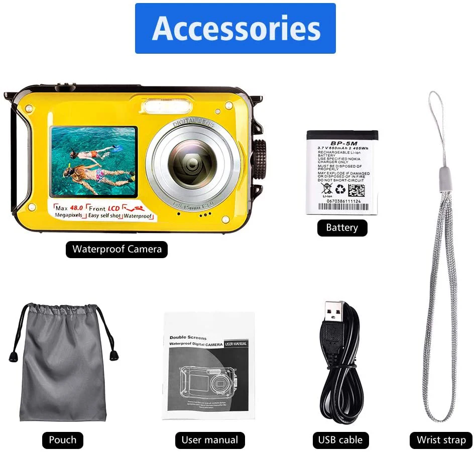 2.7K 48MP Digital Camera HD Rechargeable Underwater Camera Dual Lens Waterproof Cameras