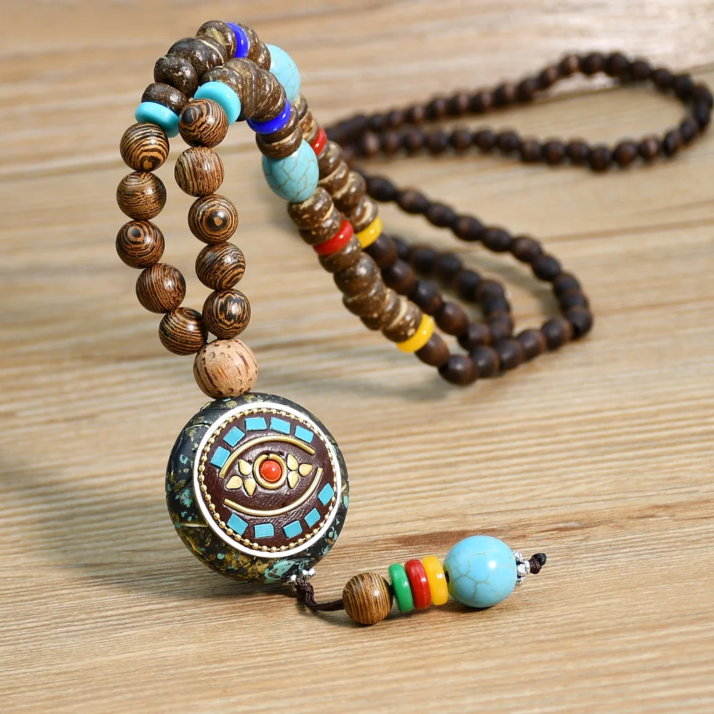Vintage Wooden Beads Pendant Necklace – 85cm Tibetan Style Long Sweater Chain For Men Women