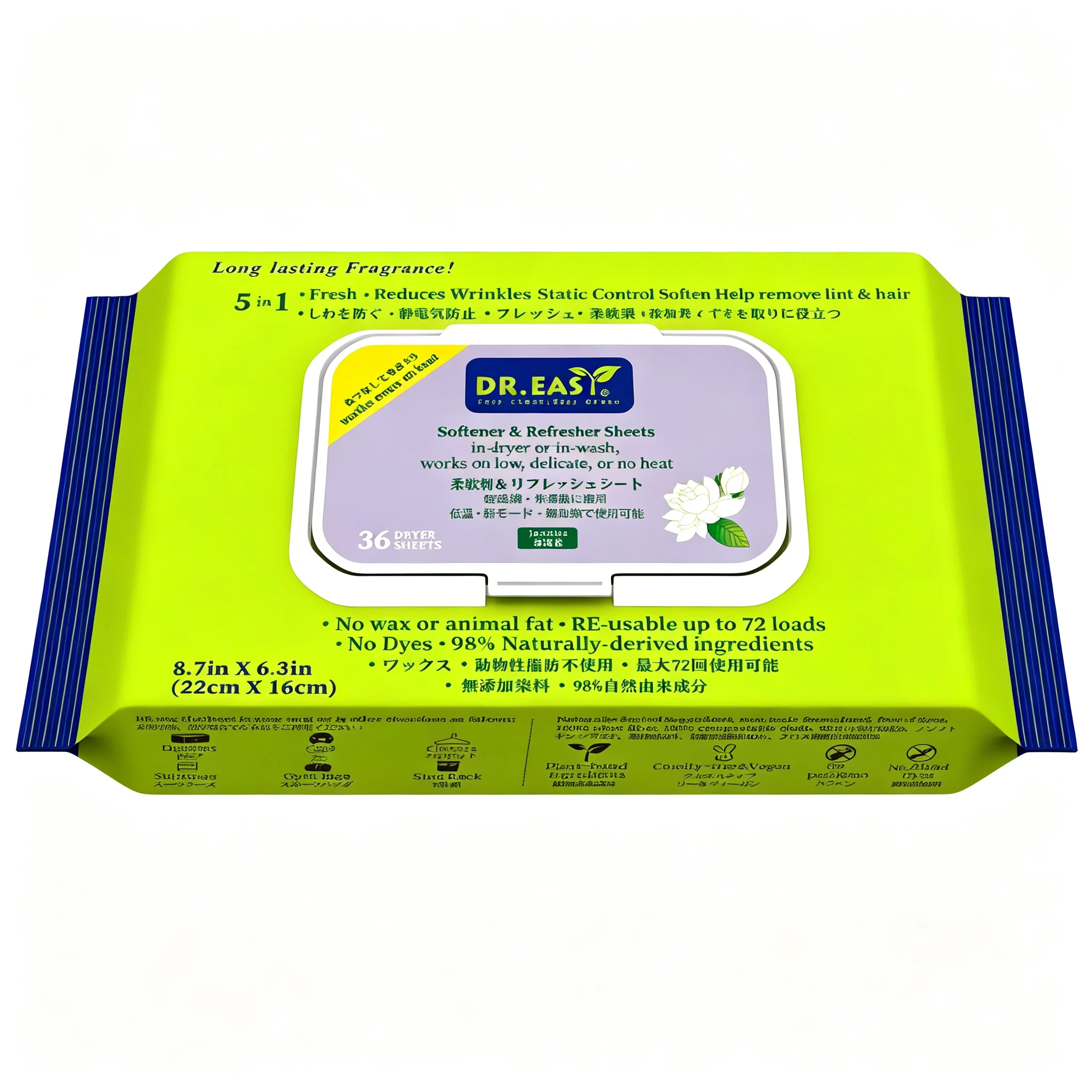 Wholesale DR.EASY Eco-Friendly Wet Fabric Softener Sheets 36 Count Anti-Static Dryer Sheets Jasmine Fragrance for Family Use