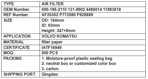 Truck/car/excavater/heavy Machinery Construction Equipment Air Filter ...