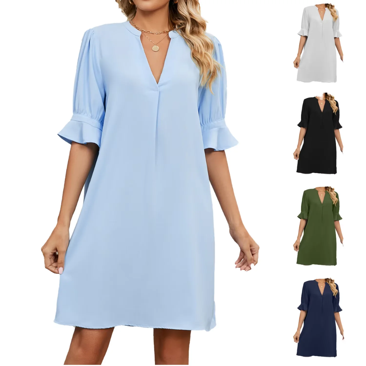Custom Label Elegant Shift Chiffon Midi Dress For Women Summer Fashion Old Money 3/4 Ruffle Sleeve Straight Simple Tee Dress