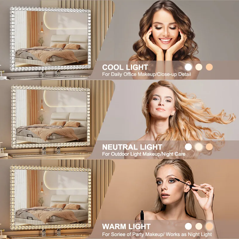 Stainless Steel Crystal Glass LED Vanity Mirror with RGB Light Adjustable for Personal Beauty and Home Cosmetic 1