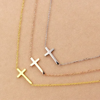 MICCI Wholesale Custom Stainless Steel Fashion Jewelry 18K Gold Plated Inverted Sideways Simple Cross Pendant Necklace for Women