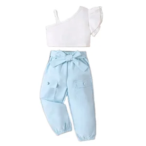 2023 Summer Kids Clothes Set 4-7Y Spaghetti One Shoulder Ruffles Fly Sleeve Tops Elastic Waist Pants with Belt 2Pcs Girl Outfit