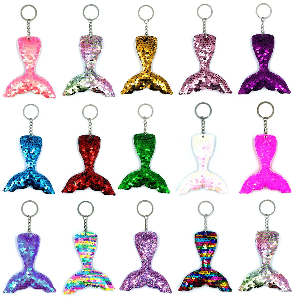 K114 Shiny Reflective Double-sided Fish Scale Sequin Mermaid Tail Keychain Cartoon Animal Fashion Lady Bag Key Ring Jewelry