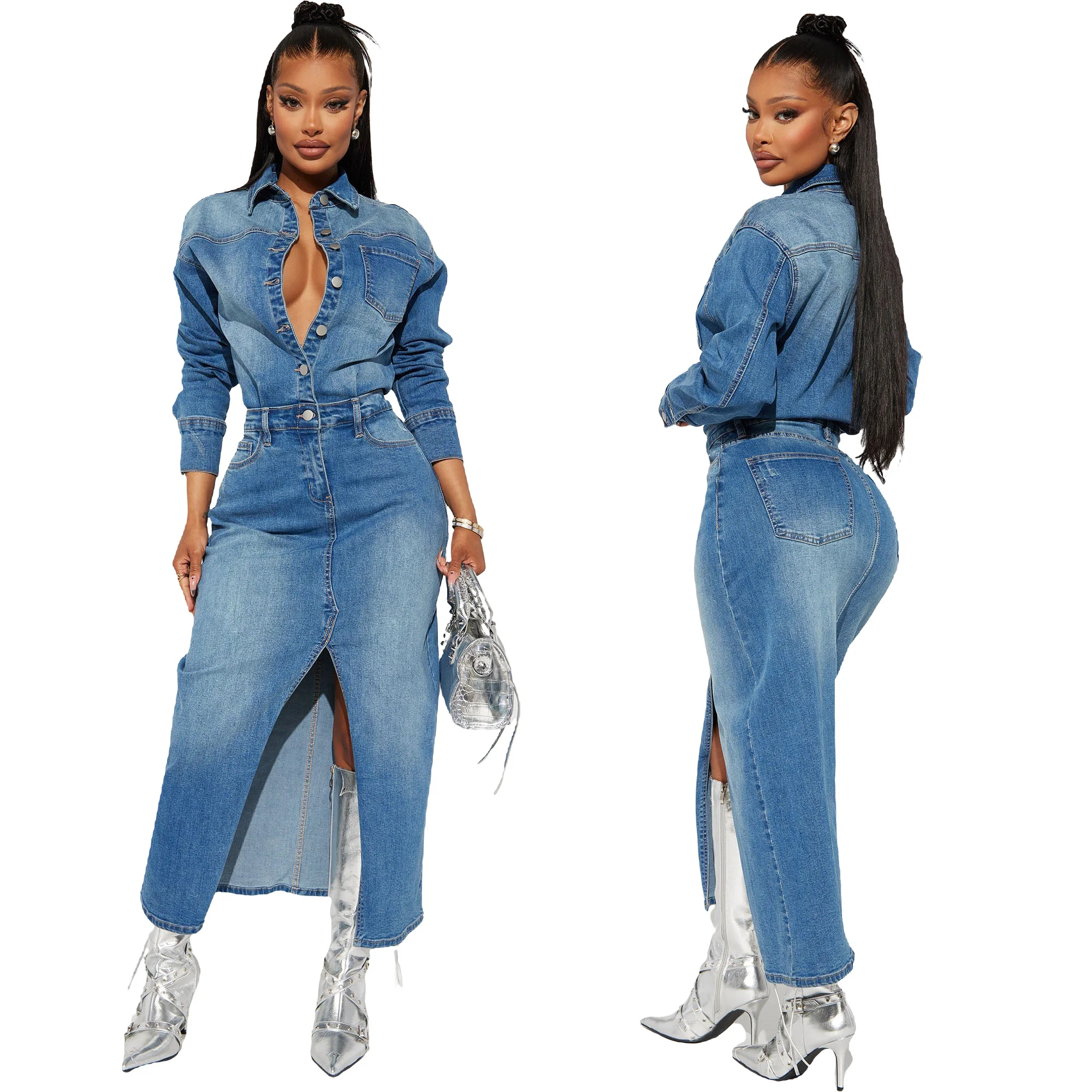 Casual Fashion Slim-fit Long Sleeve Denim Dress With Long Slit Casual Fashion Slim-fit Long Sleeve Denim Dress With Long Slit