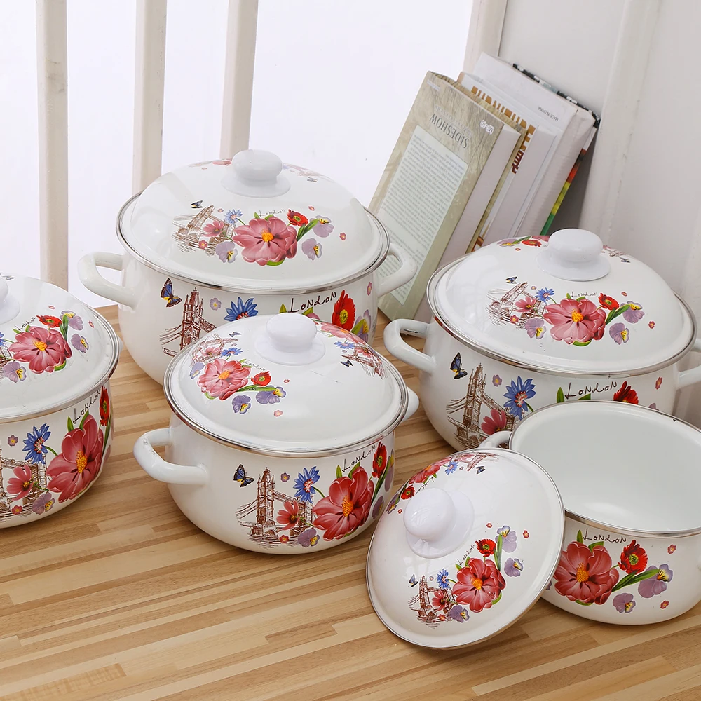 High Quality Double Handle Enamel Cast Iron Casserole with Flower Turkish Cookware Set