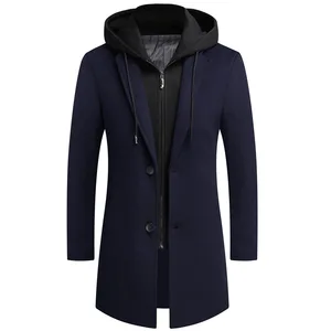 Plus Size Polyester Overcoat Plain Color Detachable Hat Winter Slim Long Warm Trench Men's Coats