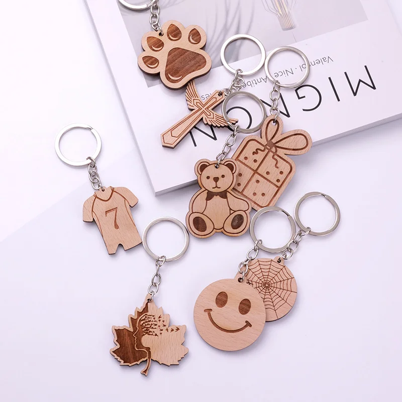 product custom logo laser cut out 3d wooden keychain holder stainless steel and pu plastic with blank wood pvc and metal keychains-1