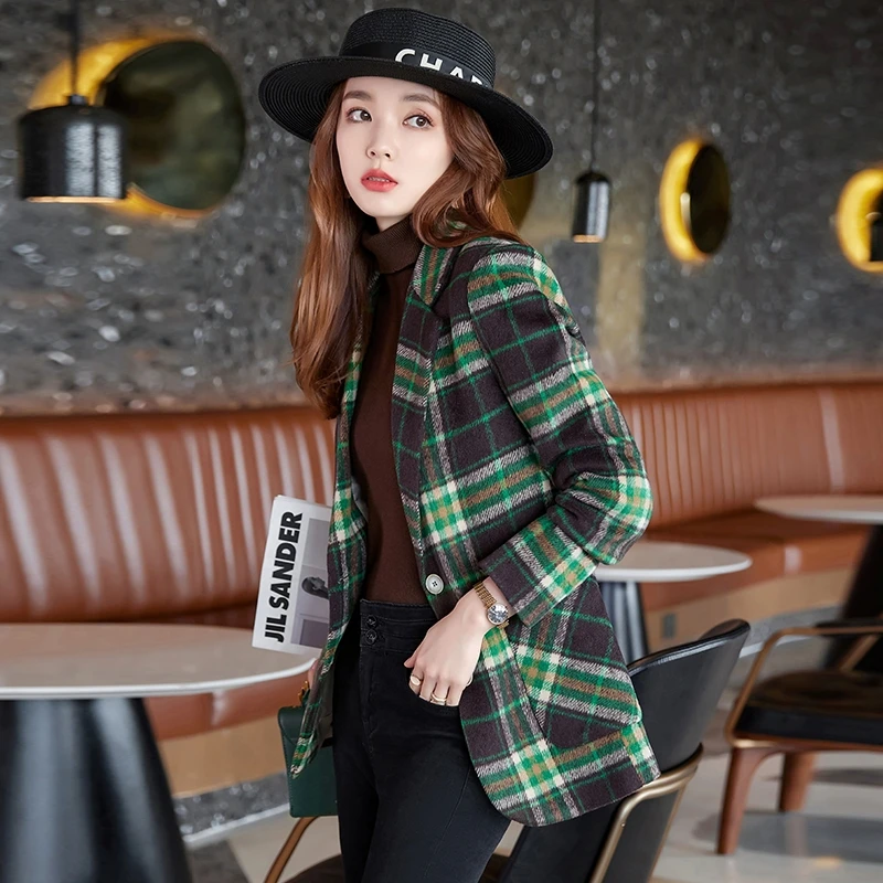 Women's Green Plaid Woolen Suit Jacket for Autumn/winter