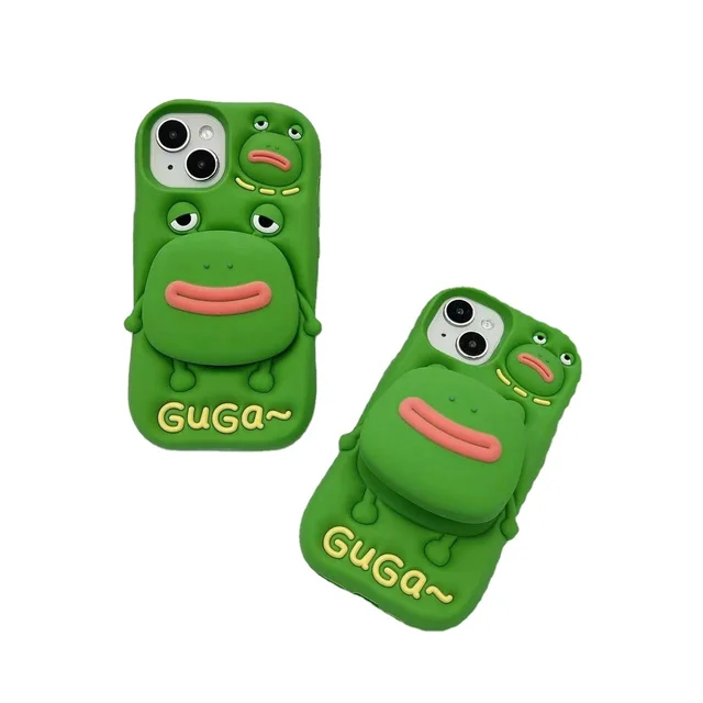 Creative Cartoon Frog Telescopic Bracket Silicone Shockproof Protective Phone Cover Case For iPhone 11 12 13 14 15 Pro Ma