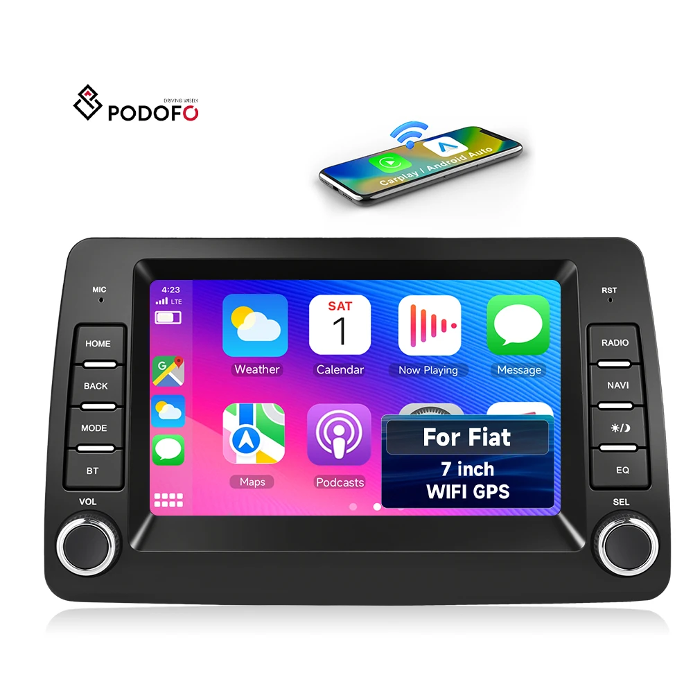 Podofo Double Din 7 Inch Android Car Radio for Fiat Panda 2002-2012 Wireless Carplay Android Auto GPS 4+64G GPS OEM Services A4697