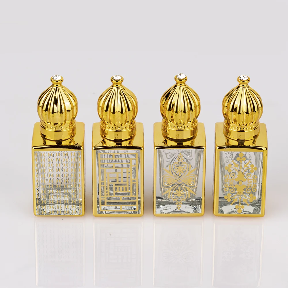 Empty square 3ml 6ml 9ml 12ml Luxury Electroplating Gold Crown Cap Roll on Glass Perfume Attar Bottles with Stick