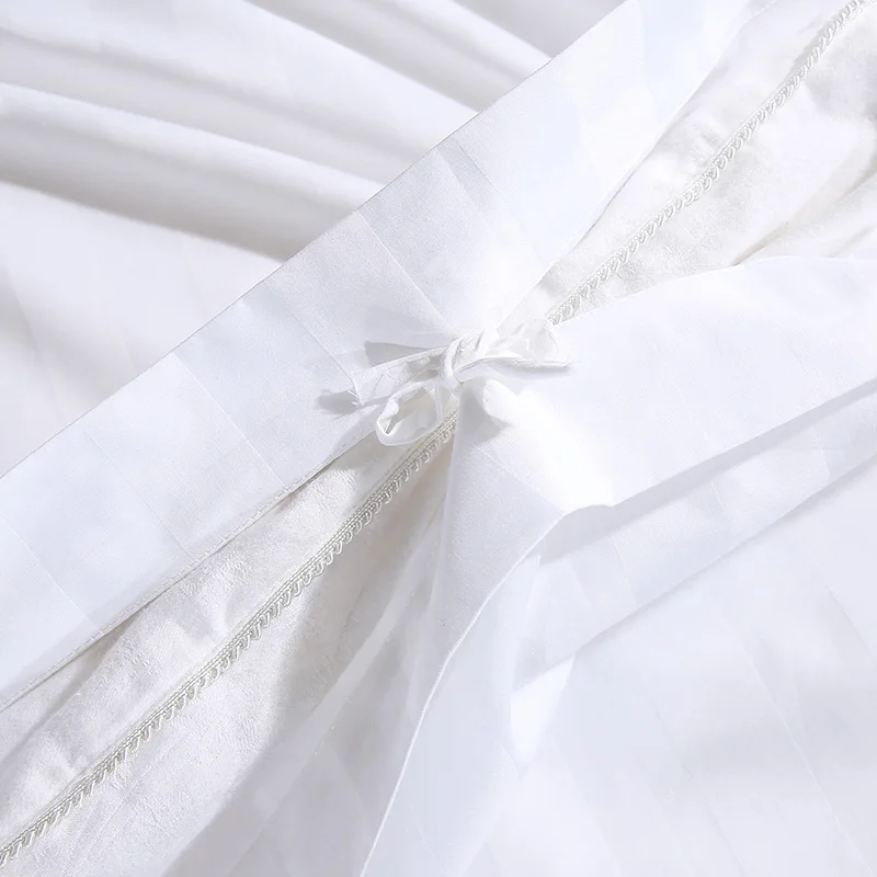 100% Cotton All White 3cm Stripe Hotel Linen Bedding Sets Bed Fitted ...