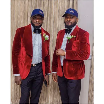 Latest Design Red Velvet Jacket Shawl Lapel Men Suits Wedding Tuxedos Prom Groom 2 PCs Slim Fit men casual suits (Jacket+Pants)