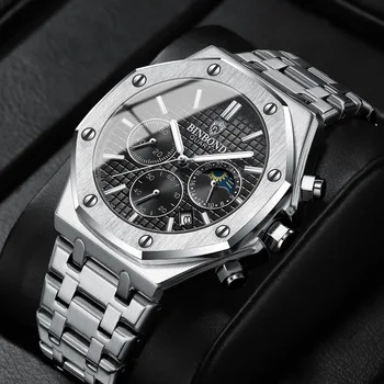 Foreign Trade Explosions Binbang High-end Three-eye Six-pin Multi-function Moon Phase Steel Band Men's Watch